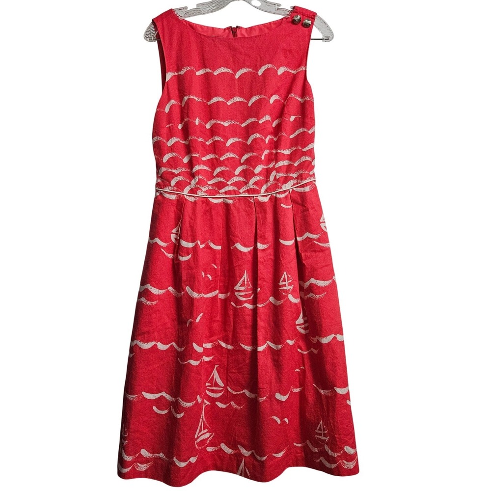 Talbots Fit & Flare Nautical Dress Women 10 Coral Sailboats Sleeveless Pockets - Picture 1 of 11